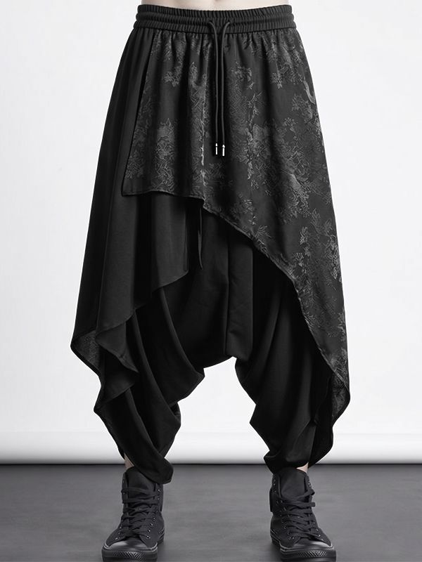 Men's Avant-Garde Dark Aesthetic Deconstructed Layered Jacquard Drop-Crotch Pant SKUL69617