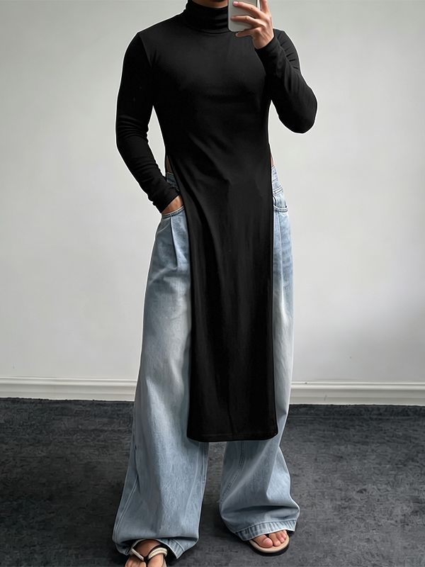 Men's Avant-Garde High Street Ultra High Side Slit Longline Fitted Long Sleeve T-shirt SKUL83123