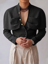 Men's Avant-Garde Capelet Overlay Deep V-Neck Mandarin Collar Shirt SKUL78020