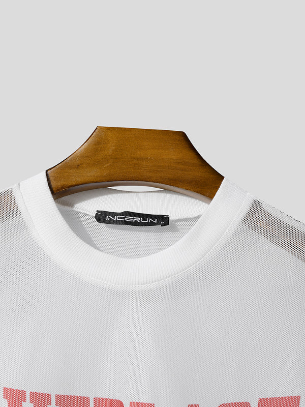 Men's Letter Print Semi-Sheer Short Sleeve T-Shirt SKUL20294