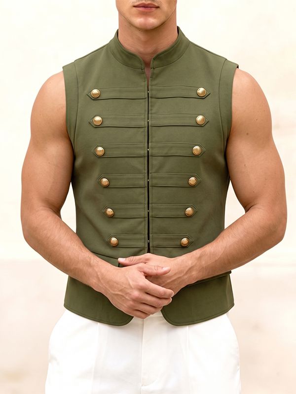 Men's Vintage Steampunk Military Hussar Stand Collar Sleeveless Waistcoat SKUL76355