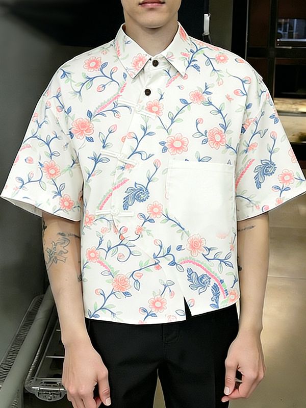 Men's Asymmetrical Vintage Floral Print Frog Button Boxy Shirt SKUL60912