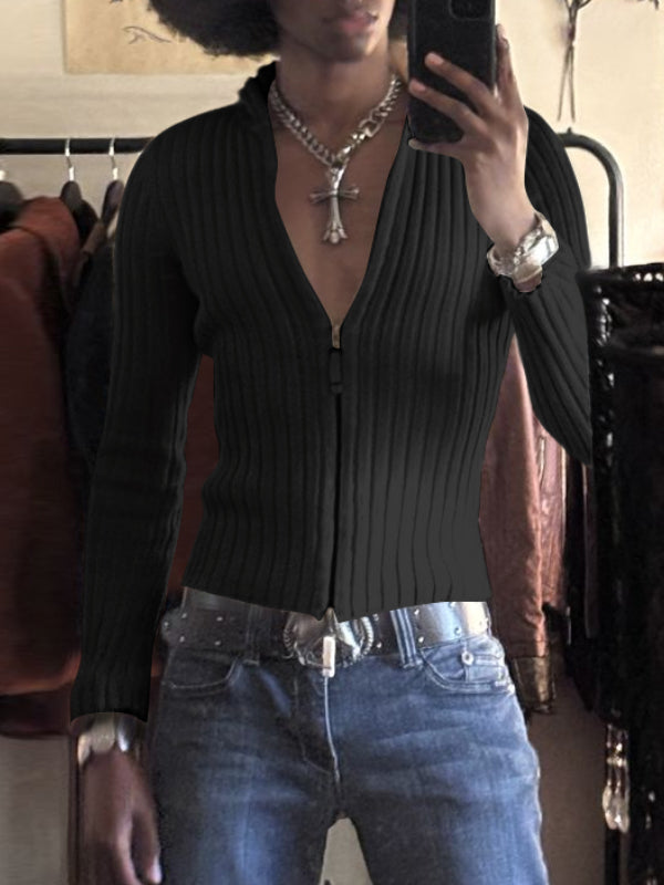 Men's Minimalist Rib Knit Long Sleeve Cardigan SKUL46574