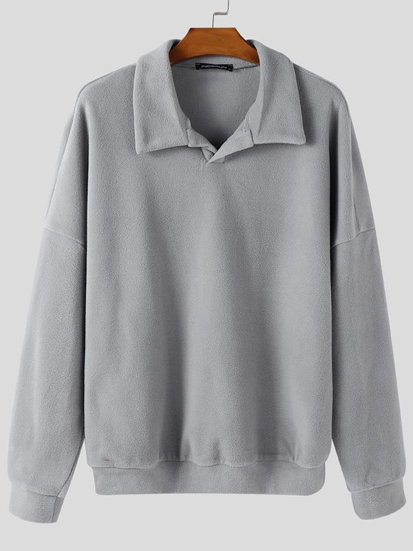 Men's Solid Color Turn Down Collar Long Sleeve Sweatshirt SKUL42389