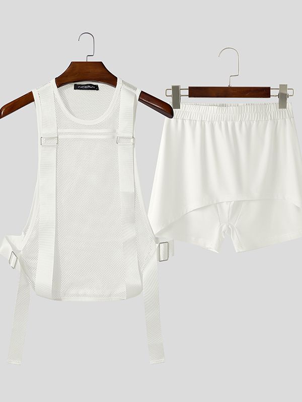 Men's Deconstructed Buckle Strap Patchwork Mesh Two Pieces Outfit SKUL42811