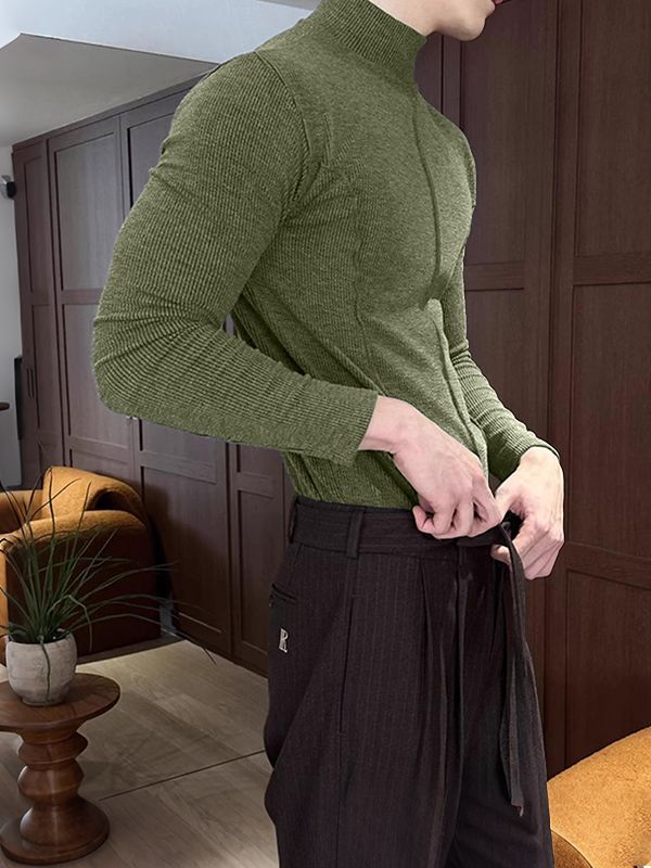 Men's Cut Line Mock Neck Knit Long Sleeve T-shirt SKUL42826