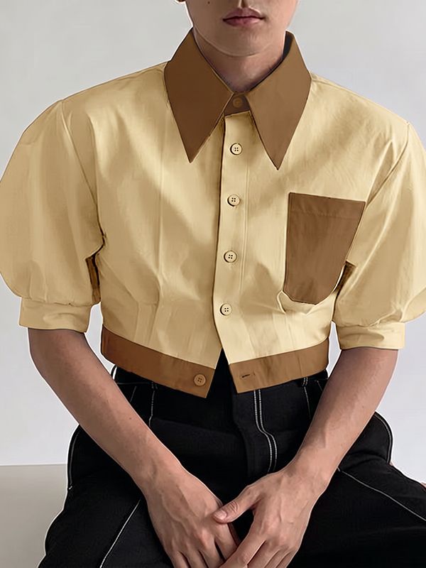 Men's High Street Party Color Block Cropped Puff Short Sleeve Shirt SKUL75730