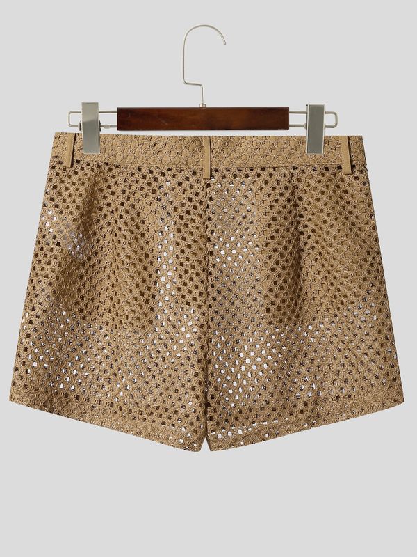 Men's Avant-Garde Crochet Open-Knit Slim Cropped Booty Denim-Style Short SKUL71351