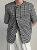 Mens Plaid Collarless Double Breasted Casual Blazer SKUK38317