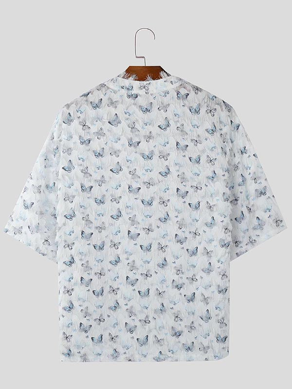 Mens Butterfly Print Textured Short-Sleeve Shirt SKUK96883