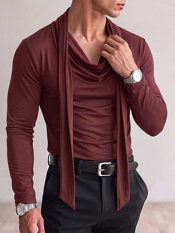 Men's Avant-Garde Early Autumn Built-in Scarf Drape Slim Long Sleeve Cowl Neck T-shirt SKUL81735