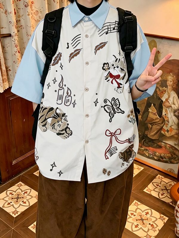 Men's Vintage Japanese Cityboy Cat Graphic Contrast Stitching Short Sleeve Shirt SKUL63833