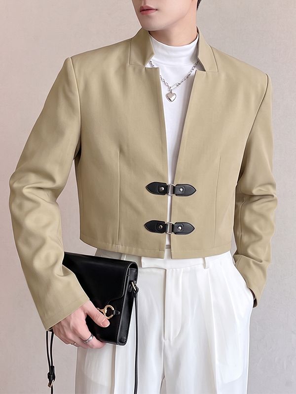 Men's Smart Chic Evening Gala Double Leather Buckle Notch Neckline Cropped Blazer SKUL86648