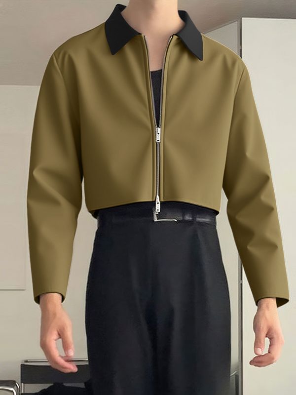 Men's Contrast Color Collar Cropped Zip Long Sleeve Jacket SKUL35207