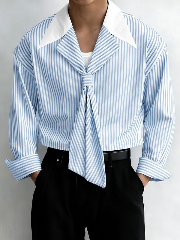 Men's Striped Contrast Color Lapel Long Sleeve Shirt SKUL45172