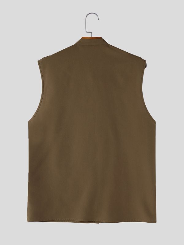 Men's Avant-Garde Industrial Buckled Shoulder Strap Mandarin Collar Sleeveless Shirt SKUL66042