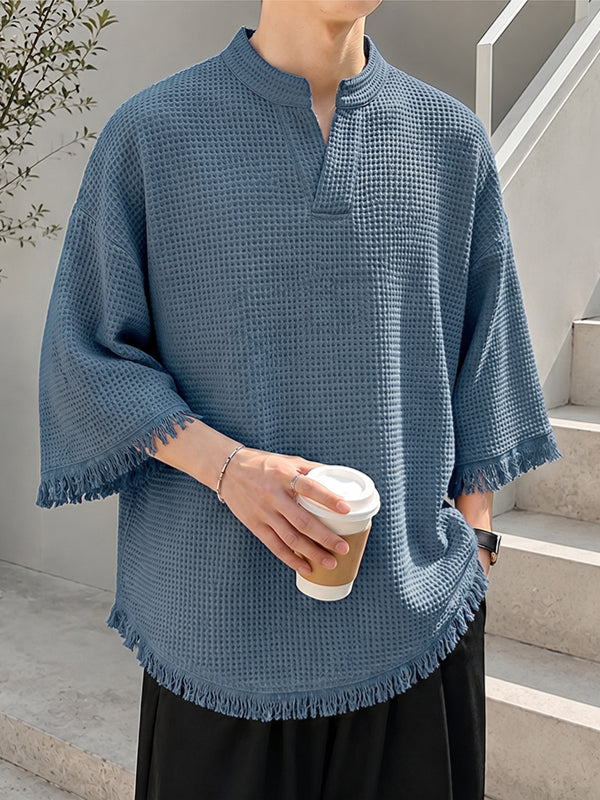 Men's Avant-Garde Modern Neo-Chinese Zen Waffle Knit Drop Shoulder T-shirt SKUL73499