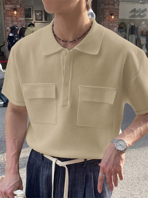 Men's Solid Color Knit Double Pocket Short Sleeve Shirt SKUL21109