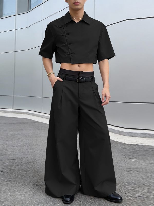 Men's Solid Color Asymmetric Frog Button Two Pieces Outfit SKUL57171