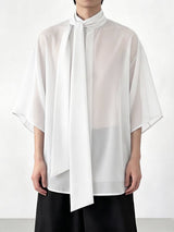 Men's Avant-Garde New Romanticism Sheer Organza Long Pussy-Bow Shirt SKUL68398