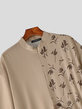 Men's Asymmetrical Half Floral Print Tie-Waist Mandarin Collar Short Sleeve Shirt SKUL57146