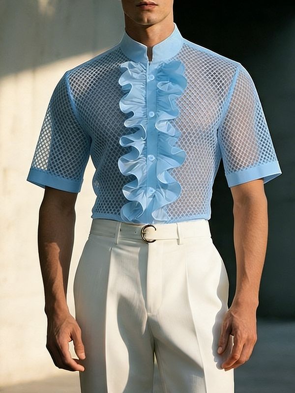 Men's French Ruffle Mesh Design Short Sleeve Shirt SKUL63170