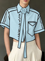 Men's Trendy 2D Comic Style Rose Tie Ribbon Cropped Short Sleeve Shirt SKUL55275