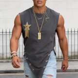 Men's Avant-Garde Star Print Asymmetrical Safety-Pin Muscle Tank SKUL67079