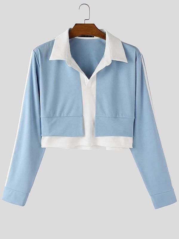 Men's Contrast Color Cropped Lapel Long Sleeve Shirt SKUL50915