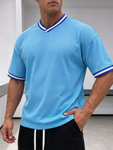 Men's Retro Athletic Mesh Breathable Contrast Striped Trim V-Neck T-shirt SKUL73695