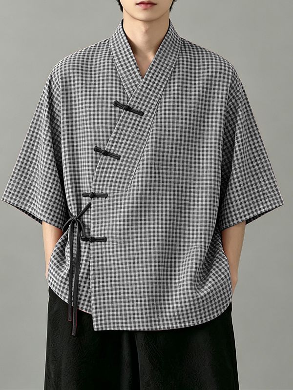 Men's Asymmetric Placket Plaid Frog Button Half Sleeve Cardigan SKUL62020