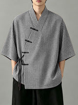 Men's Asymmetric Placket Plaid Frog Button Half Sleeve Cardigan SKUL62020