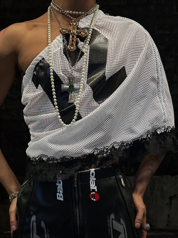 Men's Lace Mesh Patchwork Number Print Bandeau Tank SKUL54411