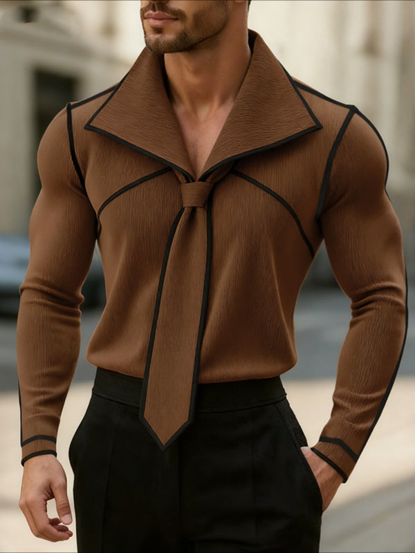 Men's Color Block Textured Knit Long Sleeve Shirt SKUL43805