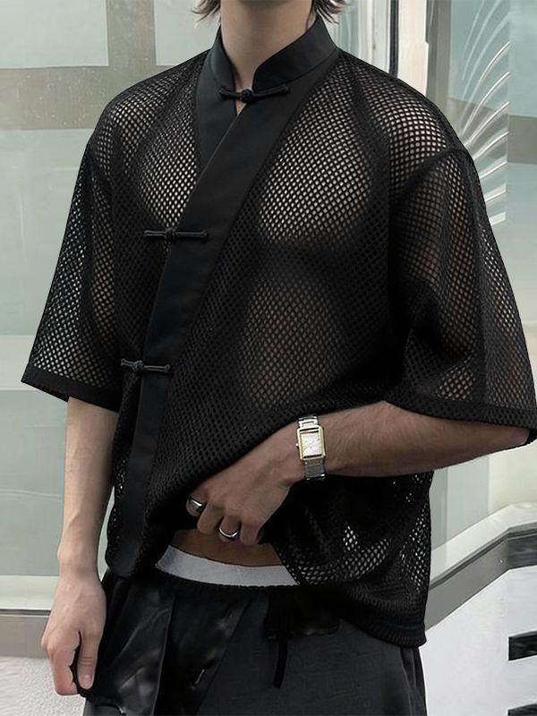 Men's Sheer Mesh Frog Button Half Sleeve Cardigan SKUL55372