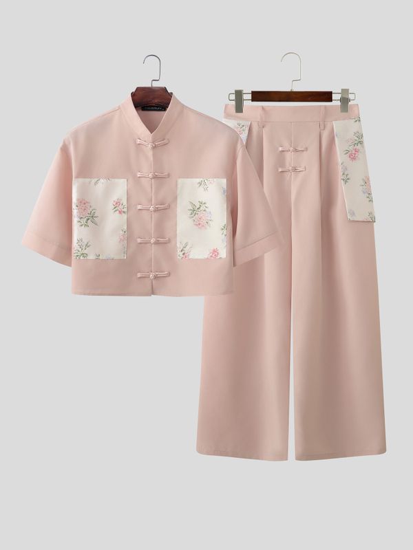 Men's New Chinese Style Floral Print Patchwork Cropped Frog Button Two Pieces Outfit SKUL61177
