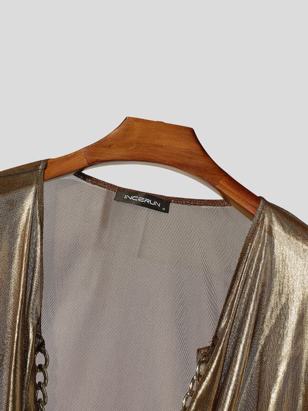 Men's Y2K Liquid Metal Avant-Garde Drape Cowl Neck T-shirt SKUL70453