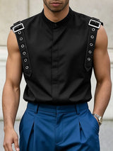 Men's Avant-Garde Industrial Buckled Shoulder Strap Mandarin Collar Sleeveless Shirt SKUL66042