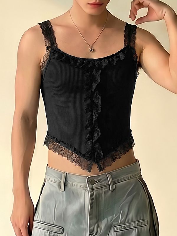 Men's Avant-Garde Lace Trim Ruffle Ribbed Knit Cropped Corset Cami Tank SKUL58763