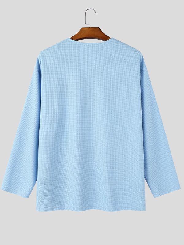 Men's Early Autumn Resort Waffle Knit Wide Ribbed Cuff Relaxed Long Sleeve T-shirt SKUL81843