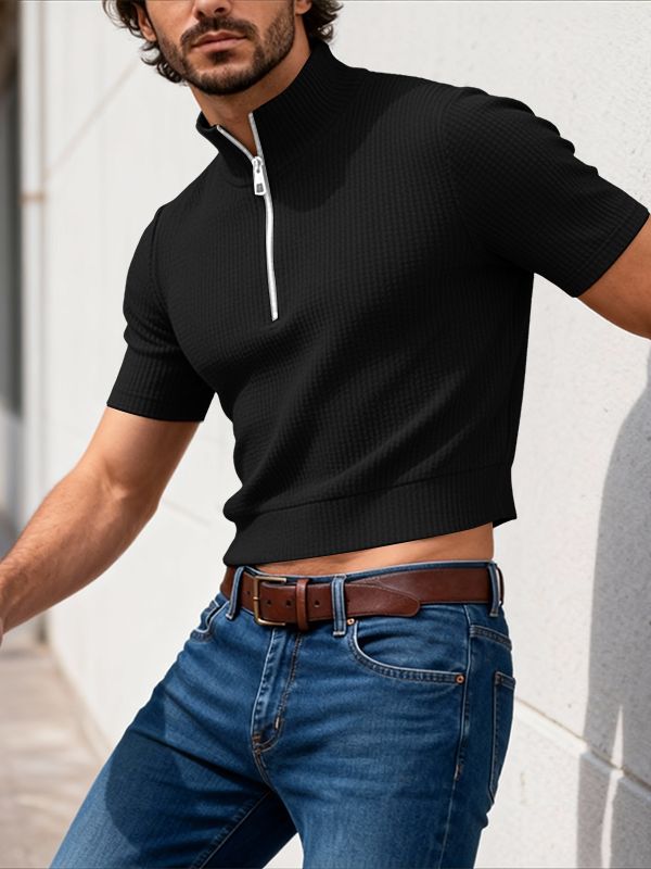 Men's Solid Color Textured Zip Short Sleeve T-shirt SKUL54063