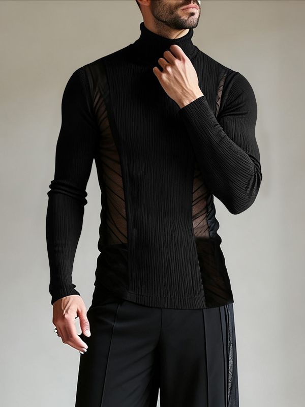 Men's Sheer Mesh Patchwork Knitted Textured High Neck Long Sleeve T-shirt SKUL43940