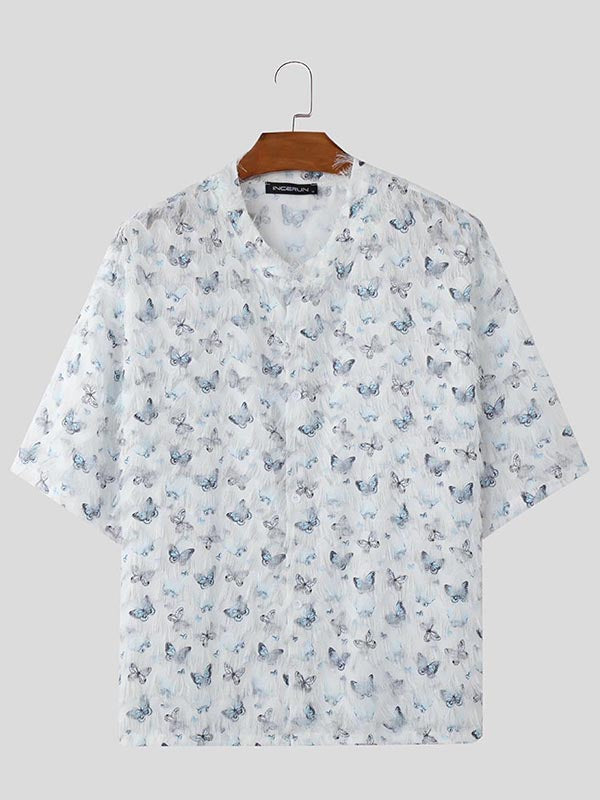 Mens Butterfly Print Textured Short-Sleeve Shirt SKUK96883