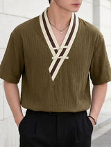 Men's Modern Neo-Chinese Cross V-Neck Frog Button Relaxed Short Sleeve Shirt SKUL60046