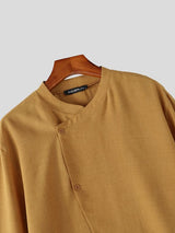 Men's Minimalist Zen Asymmetrical Button Front Stand Collar Loose Shirt SKUL76484