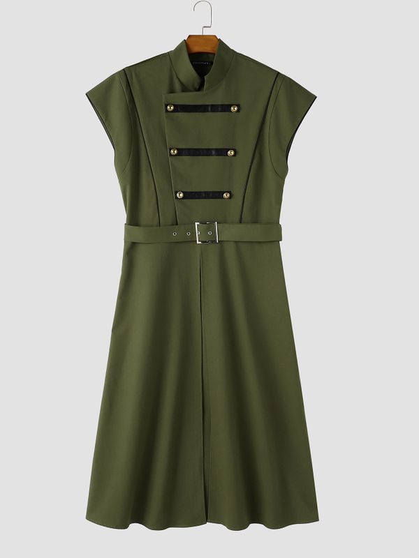 Men's Avant-Garde Runway Military Strap Metal Button Belted Sleeveless Stand Collar Floor Length Waistcoat SKUL81730