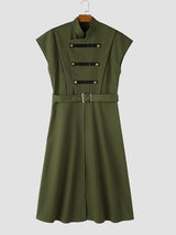 Men's Avant-Garde Runway Military Strap Metal Button Belted Sleeveless Stand Collar Floor Length Waistcoat SKUL81730