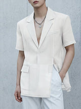 Men's Avant-Garde Sheer Organza Mesh Notch Lapel Asymmetric Split Short Sleeve Blazer SKUL58779