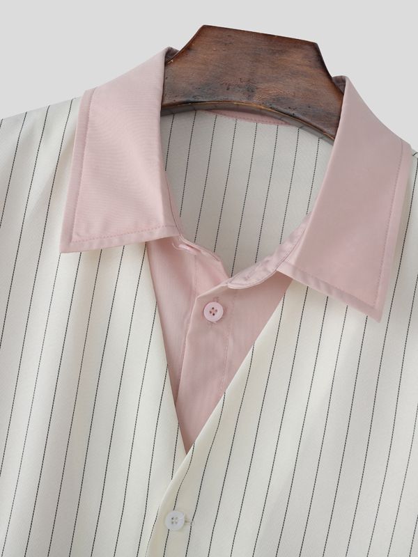 Men's Striped Color Block Cinched Waist Long Sleeve Shirt SKUL41383