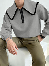 Men's Contrast Trim Half Zipper Oversized Collar Sweatshirt SKUL48665